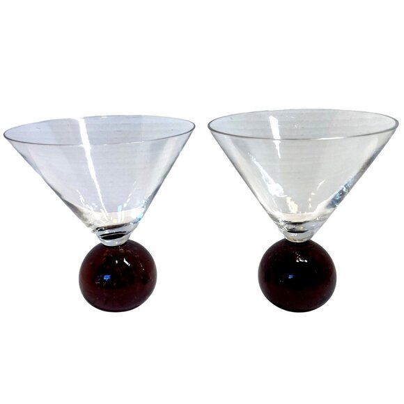 Handcrafted Clear Glass Martini Glasses With Bubble-Infused Red Orb Base - Set O - Picture 2 of 9